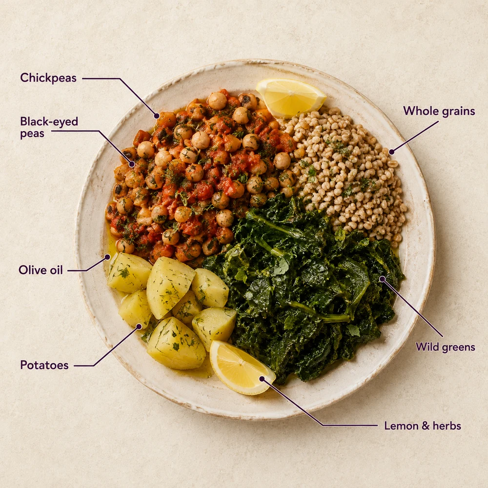 Annotated Ikarian plate with chickpeas, black-eyed peas, wild greens, potatoes, whole grains, olive oil, lemon and herbs