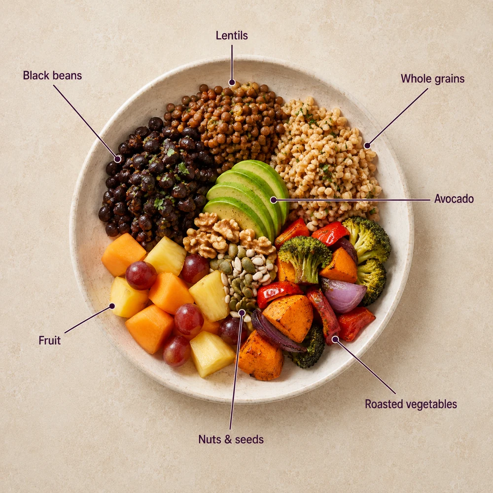 Annotated Loma Linda plant-forward plate with black beans, lentils, whole grains, avocado, fruit, nuts, seeds and roasted vegetables