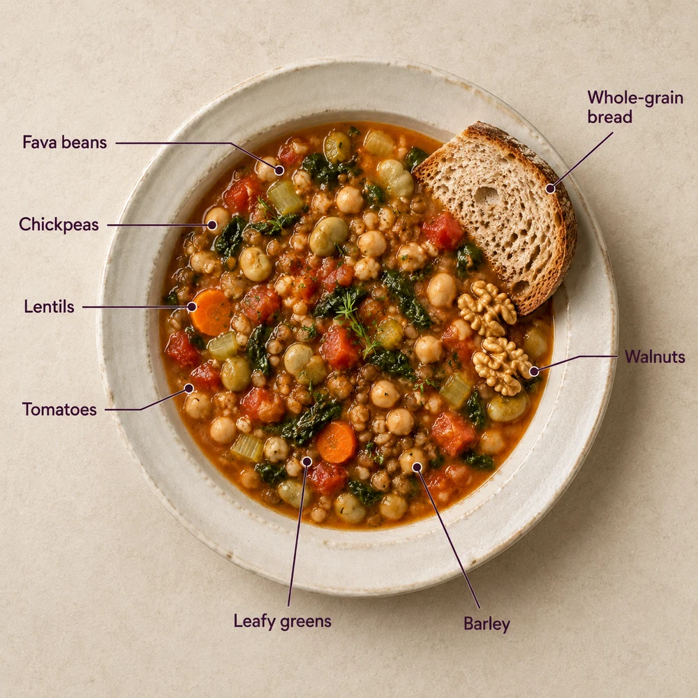 Annotated Sardinian minestrone with fava beans, chickpeas, lentils, tomatoes, leafy greens, barley, whole-grain bread and walnuts