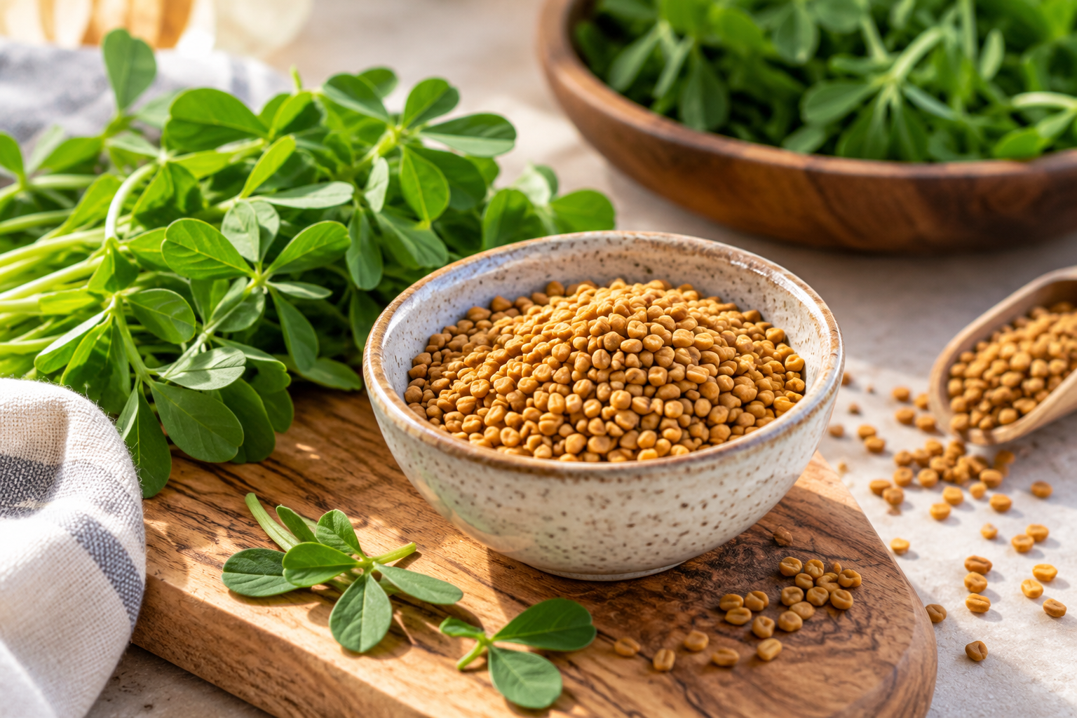 Fenugreek seeds in a rustic bowl with fresh green leaves