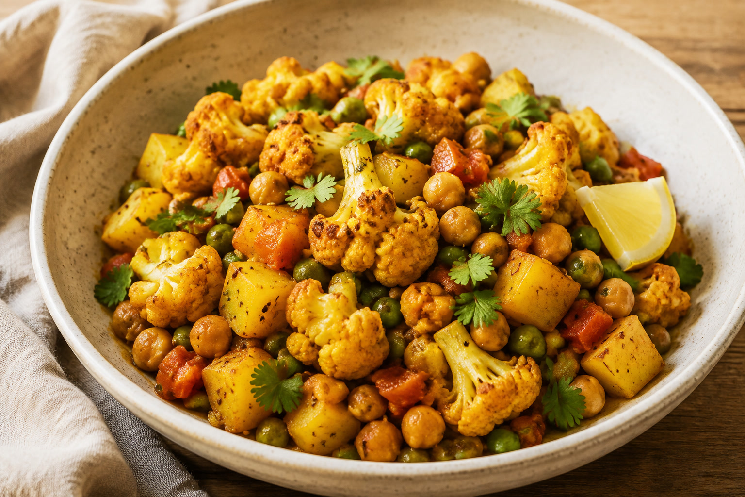 A plated serving of Aloo Gobi with Chickpeas
