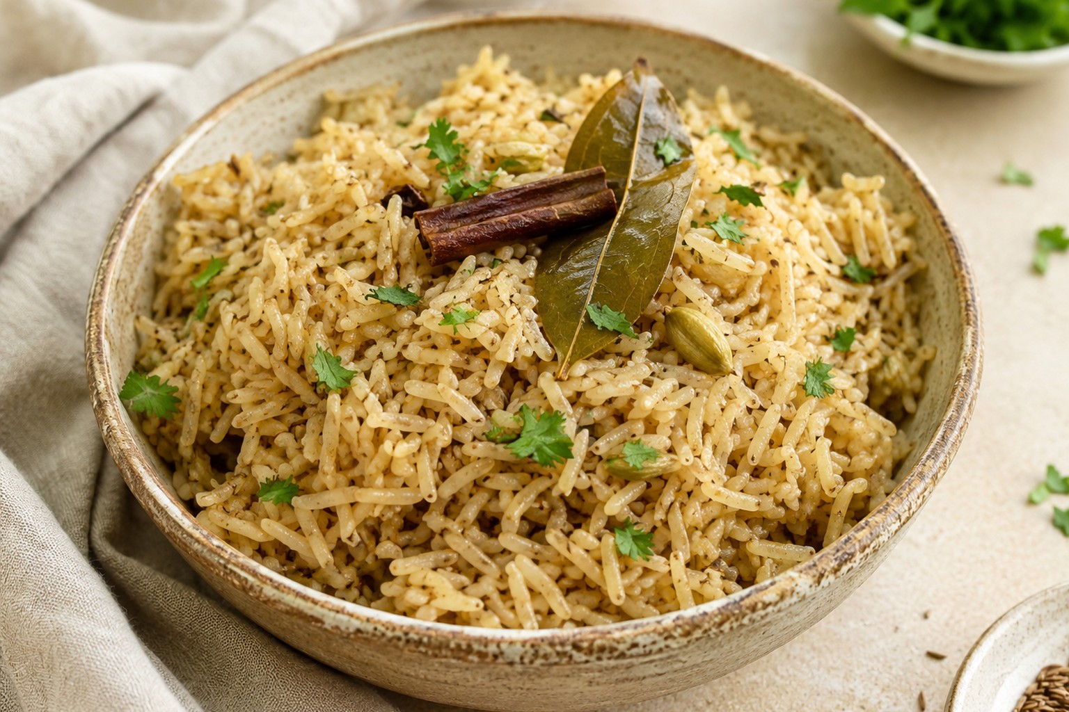 Brown basmati jeera rice with cumin, whole spices and fresh cilantro in a ceramic bowl