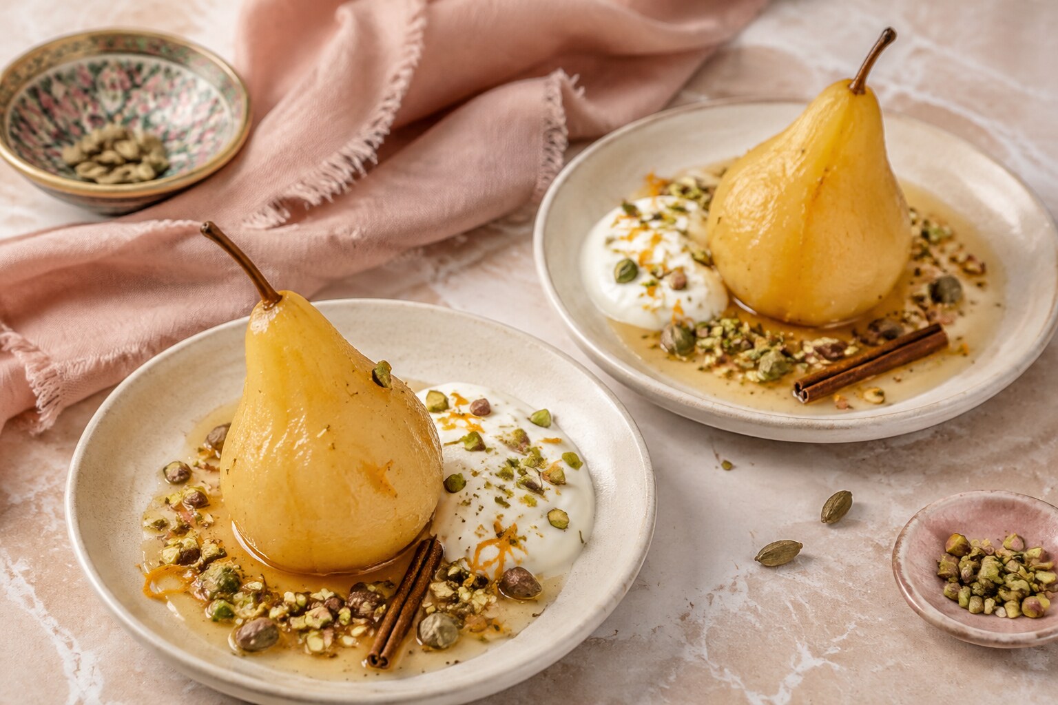 Cardamom-Poached Pears with Pistachios