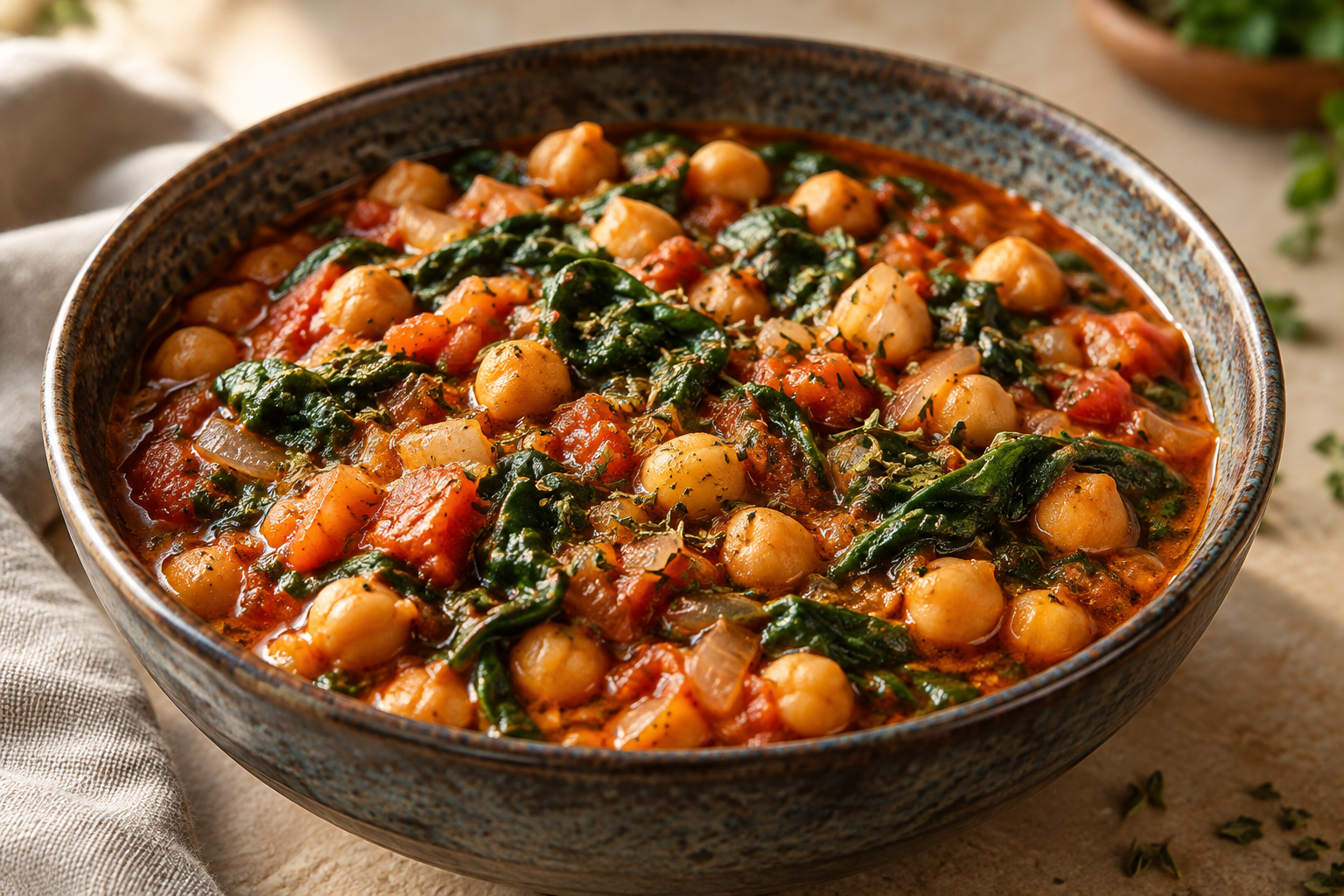 Serving illustration: Chickpea, Spinach & Fenugreek Tomato Stew