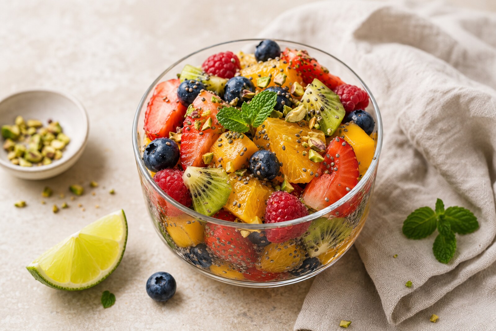 Colorful citrus and berry fruit cup with chia seeds, mint and pistachios