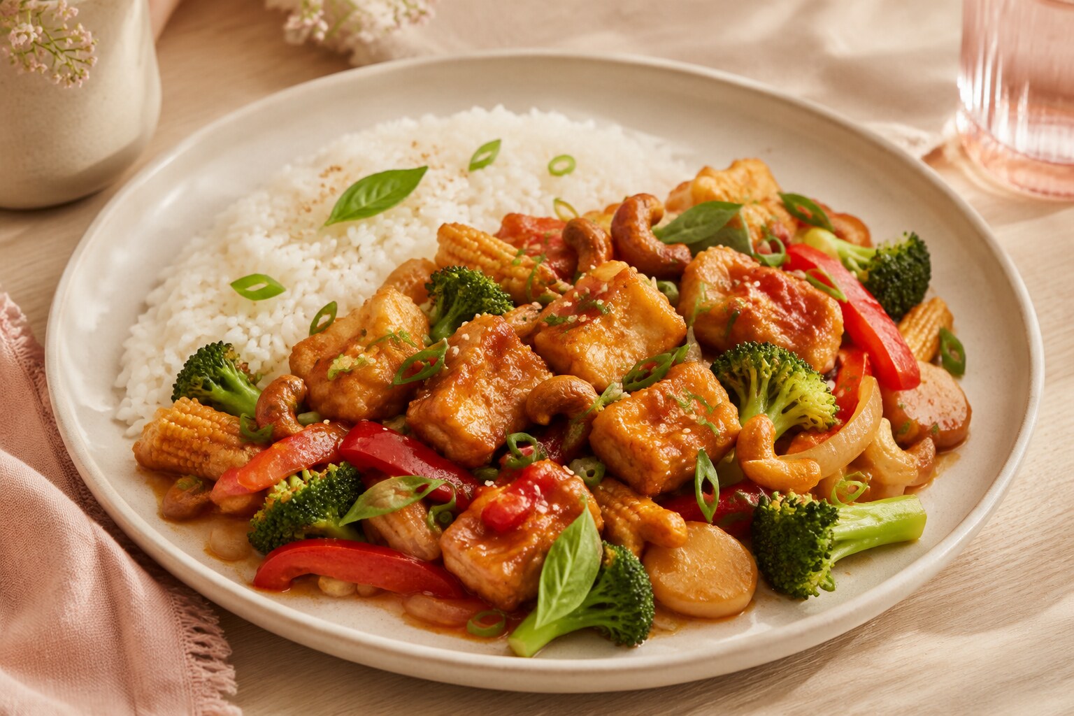 Crispy honey-sriracha tofu stir-fry with vegetables, basil, cashews and rice