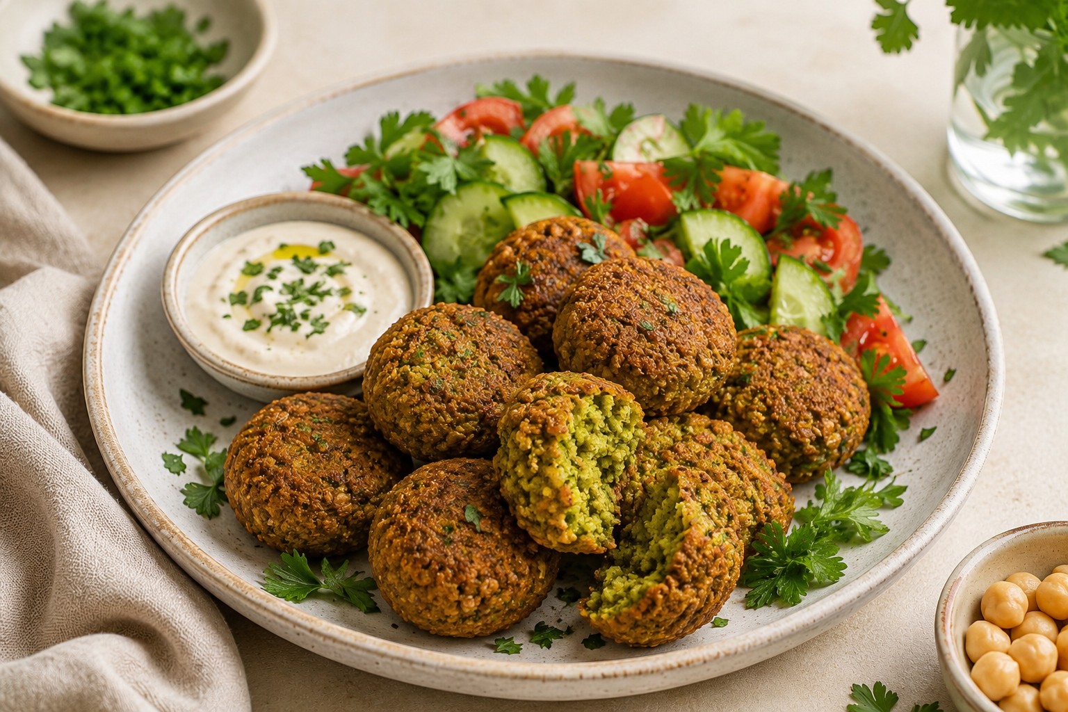 Crispy oven-baked falafel with fresh cucumber and tomato salad and a creamy tahini-style dip