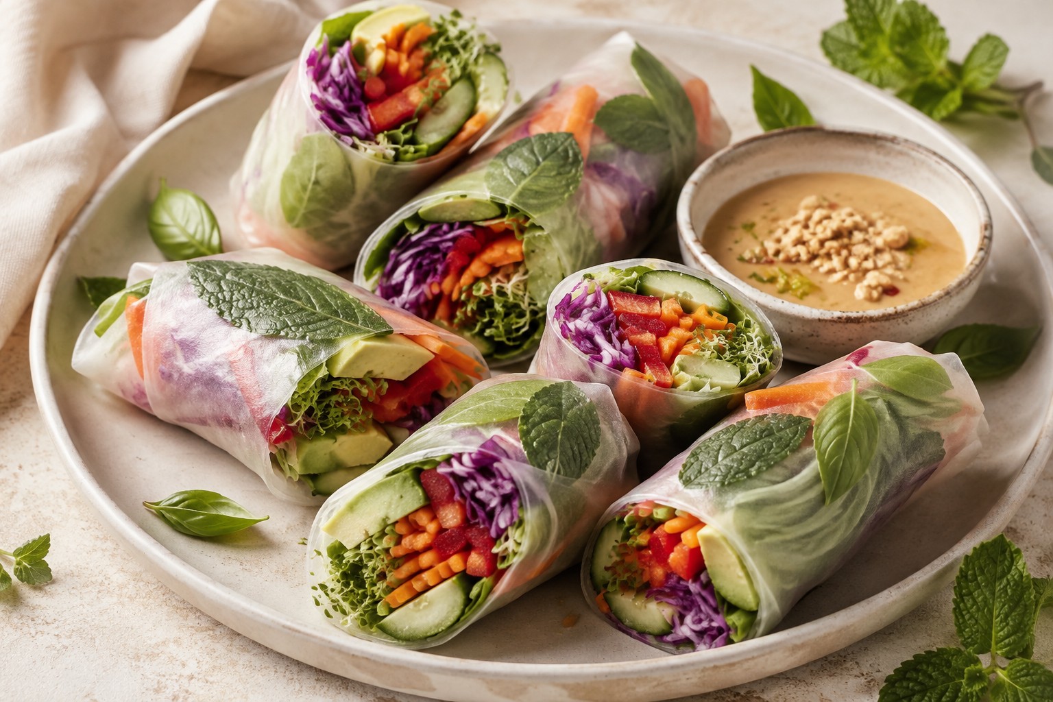 Fresh Rice-Paper Vegetable Rolls with Mint & Basil