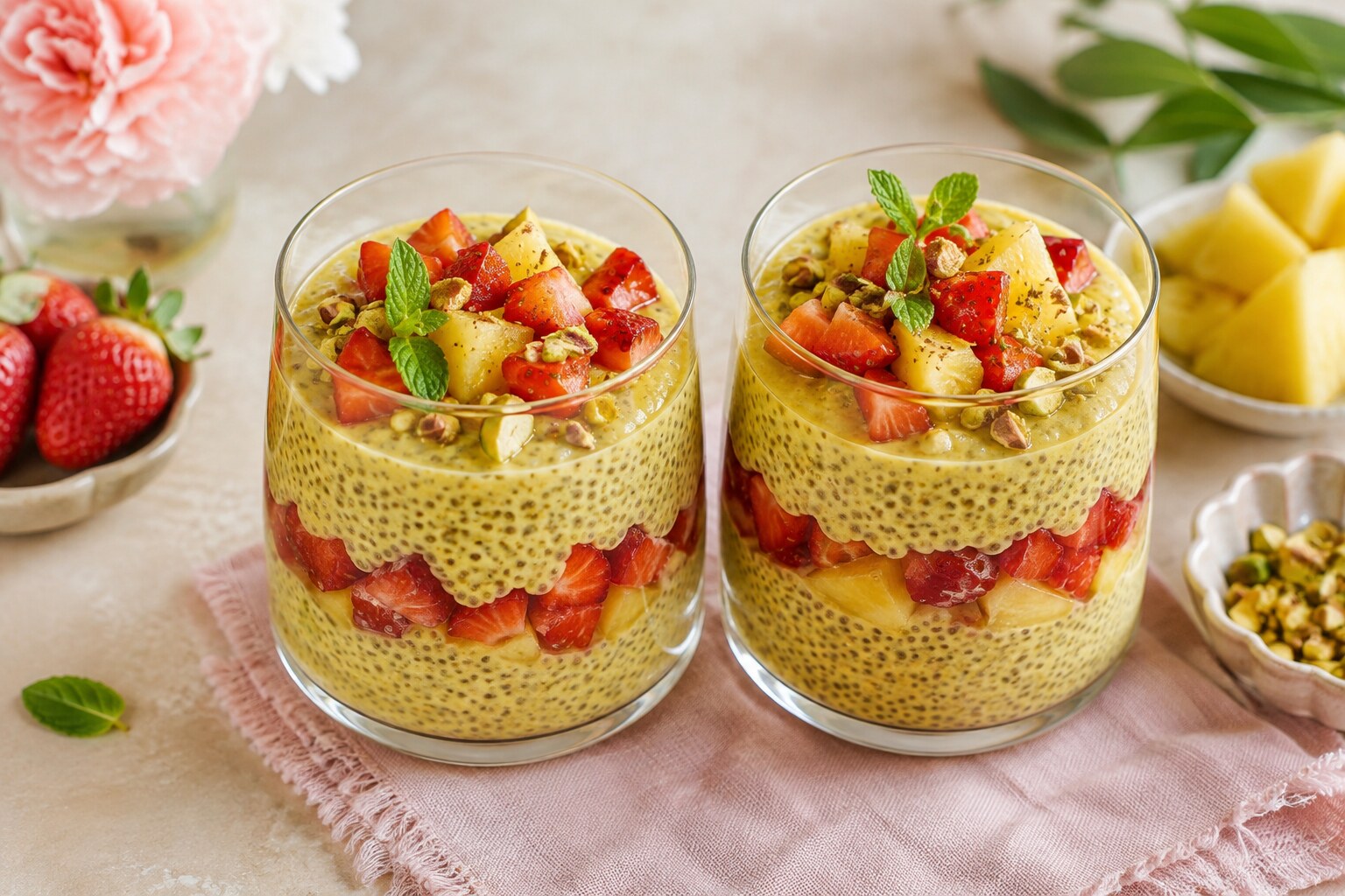 Golden Pineapple-Avocado Chia Pudding with Strawberries