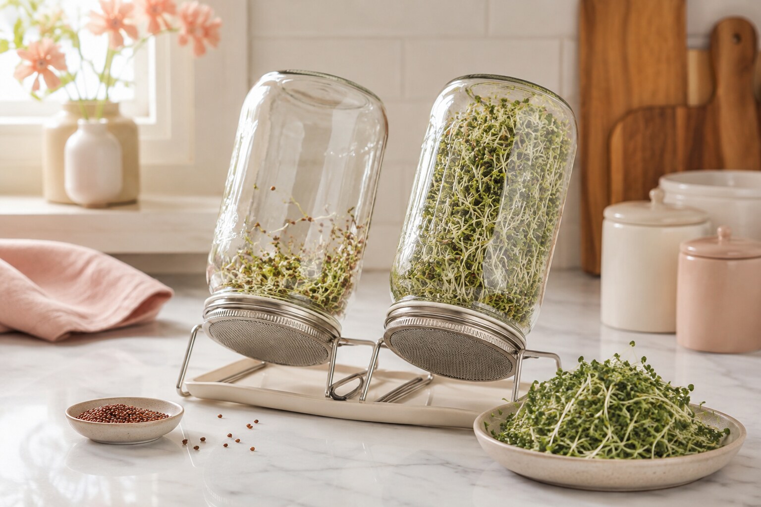 Two glass sprouting jars containing fresh broccoli sprouts