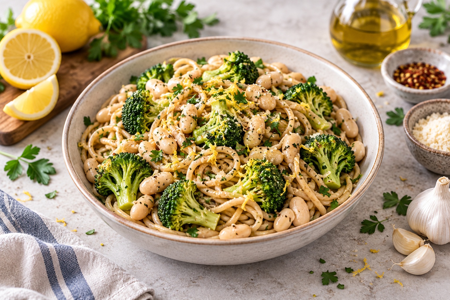 Lemon-Garlic Broccoli Pasta with White Beans