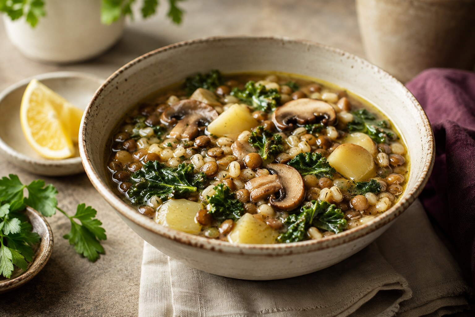 Lentil, Barley, Mushroom, Kale & Potato Soup