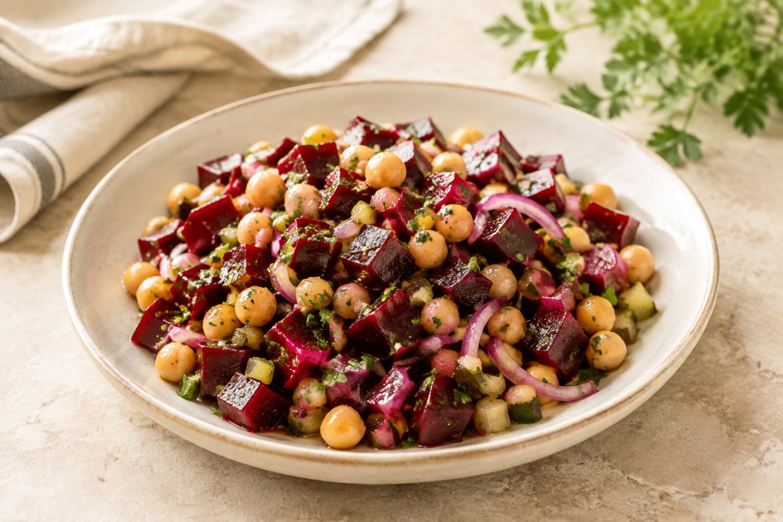 Mediterranean beetroot and chickpea salad with red onion, pickles and parsley