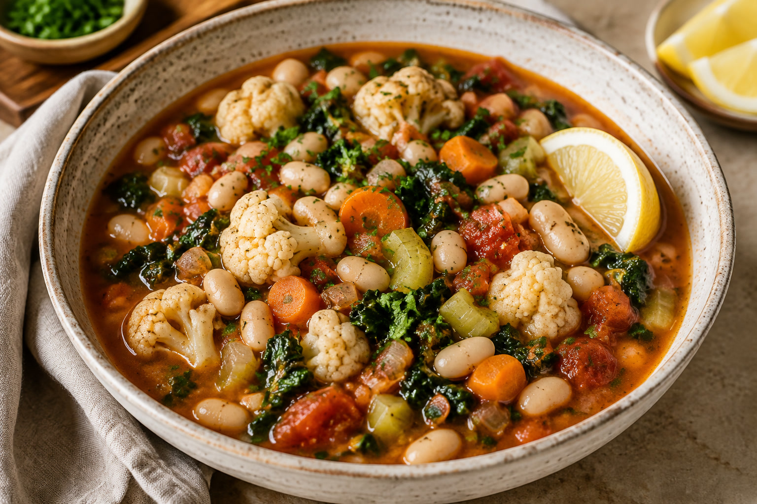 A plated serving of Mediterranean Cauliflower & White-Bean Stew