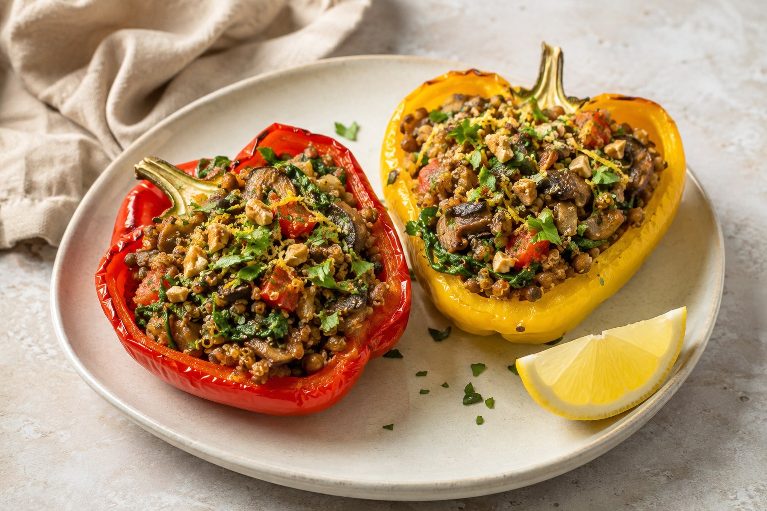Red and yellow bell peppers filled with lentils, quinoa, mushrooms, spinach and walnuts