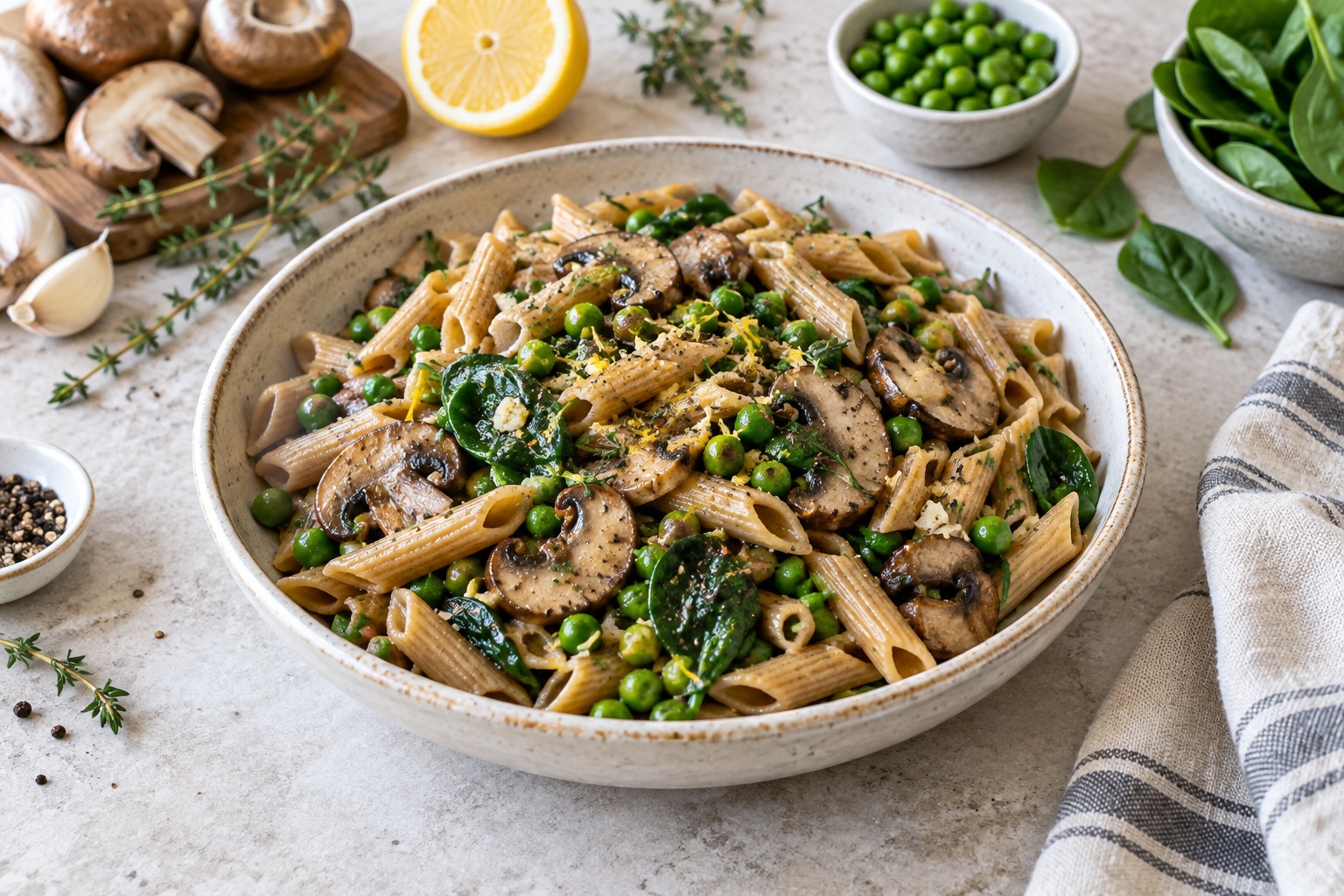 Mushroom, Pea & Spinach Whole-Grain Pasta
