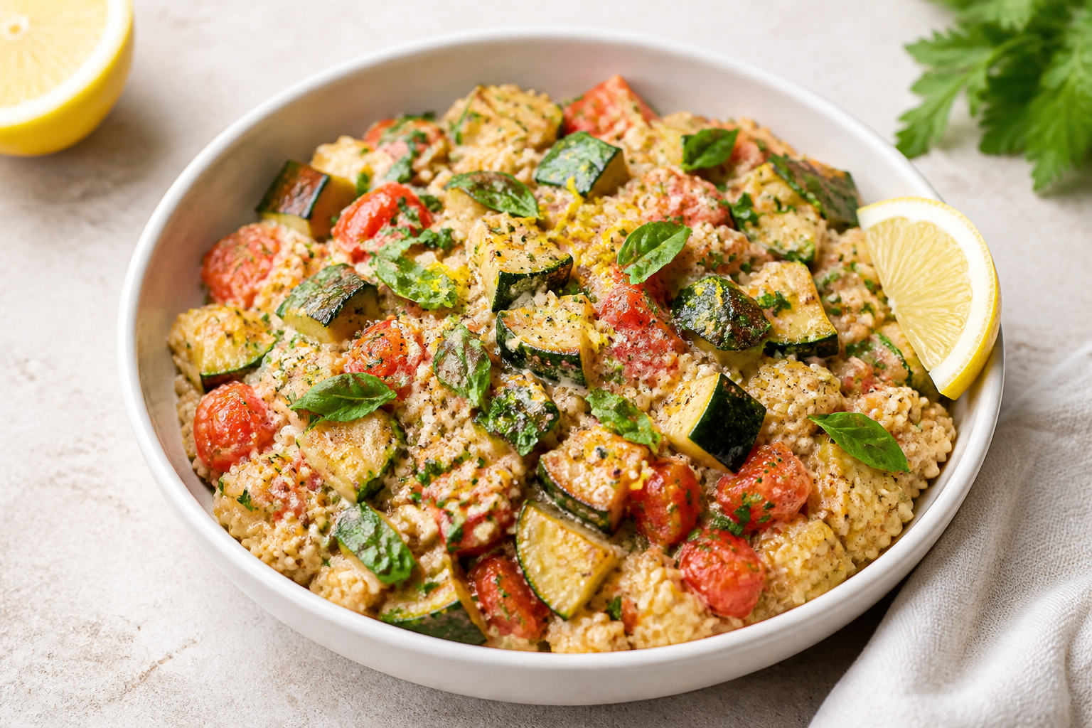 One-Pan Creamy Mediterranean Courgette & Tomato Quinoa