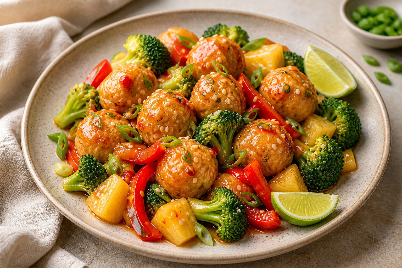 Pineapple Sweet-Chili Tofu Meatballs & Vegetables