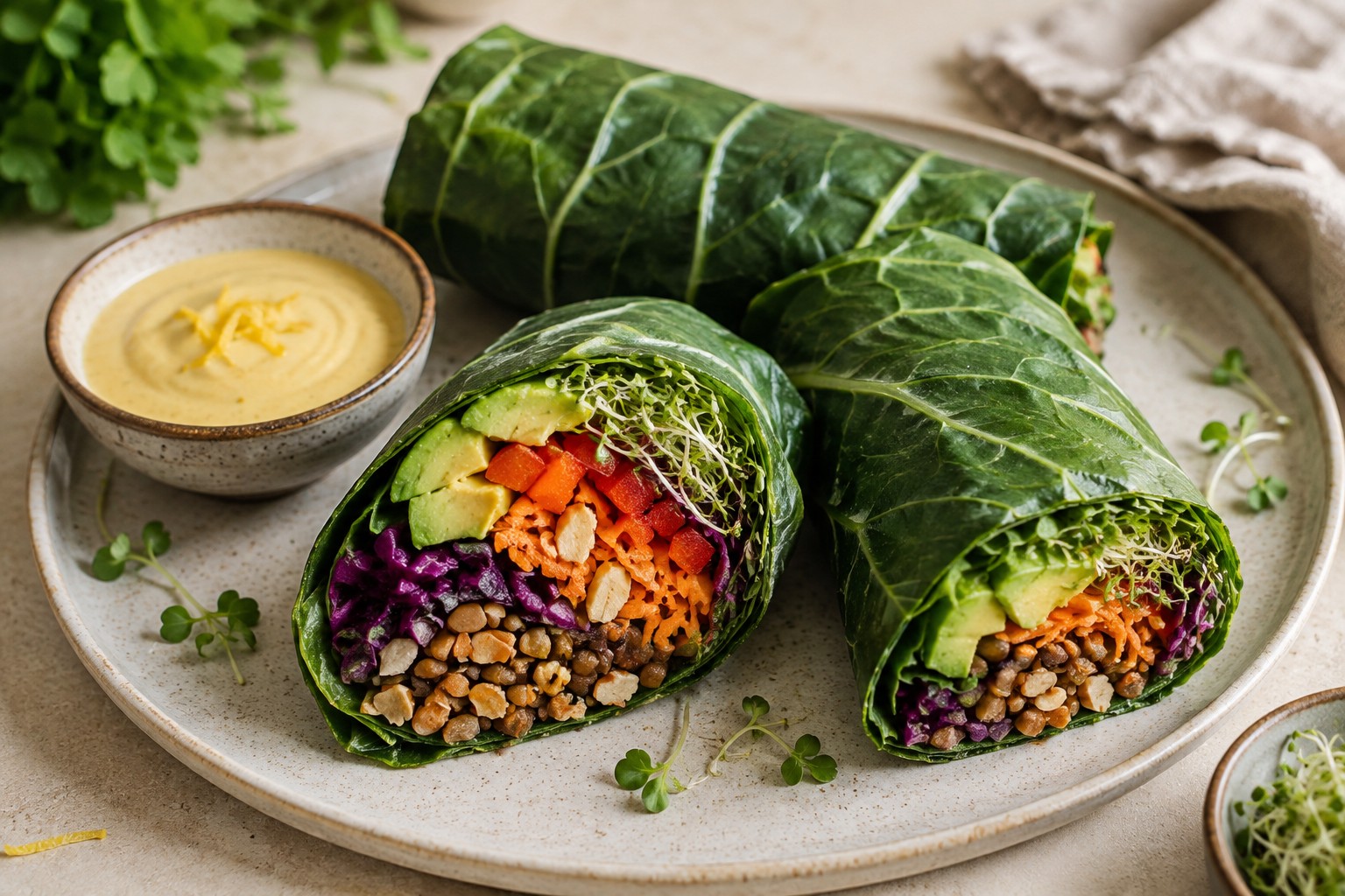 Rainbow Collard Wraps with Walnut–Lentil Filling