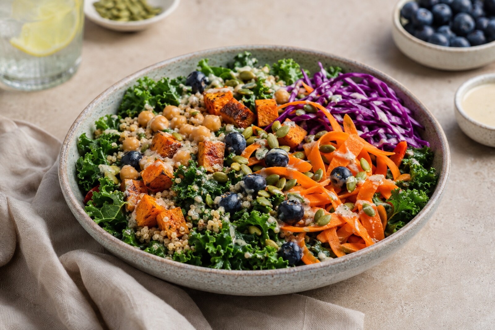 Rainbow kale and quinoa power salad with colorful vegetables and blueberries
