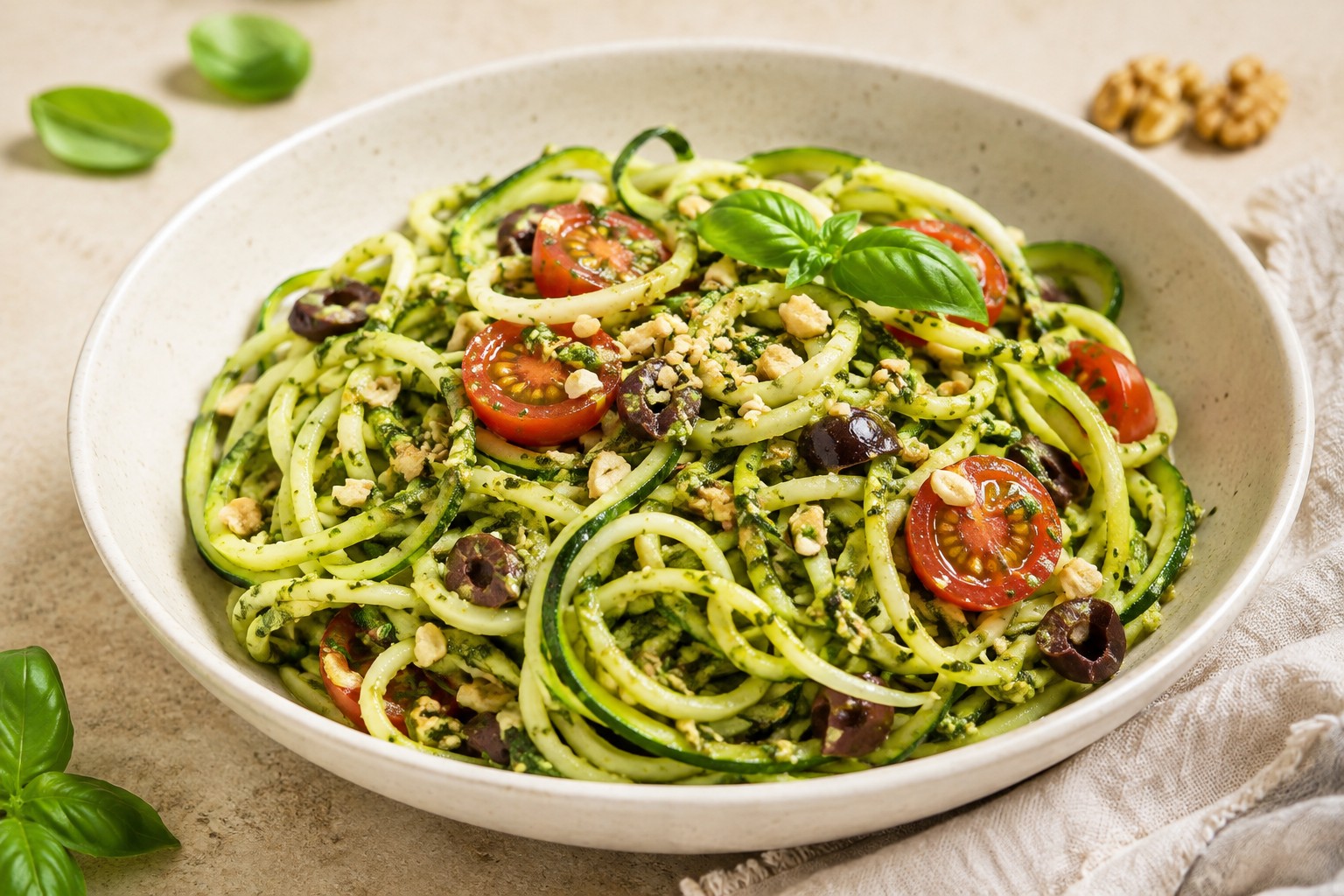 Raw Zucchini Noodles with Walnut–Basil Pesto