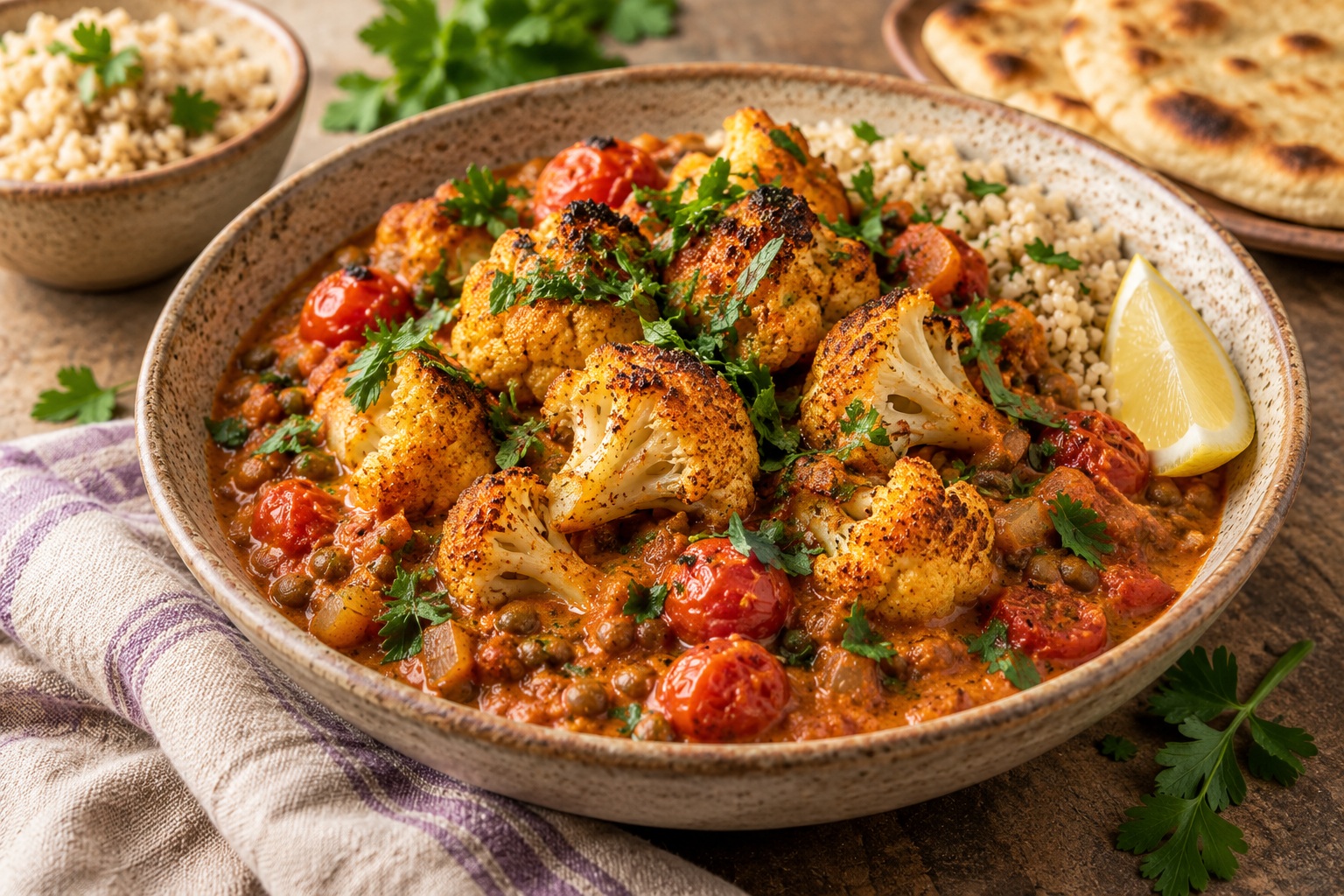 Roasted Cauliflower & Lentils in Creamy Coconut Tomato Sauce