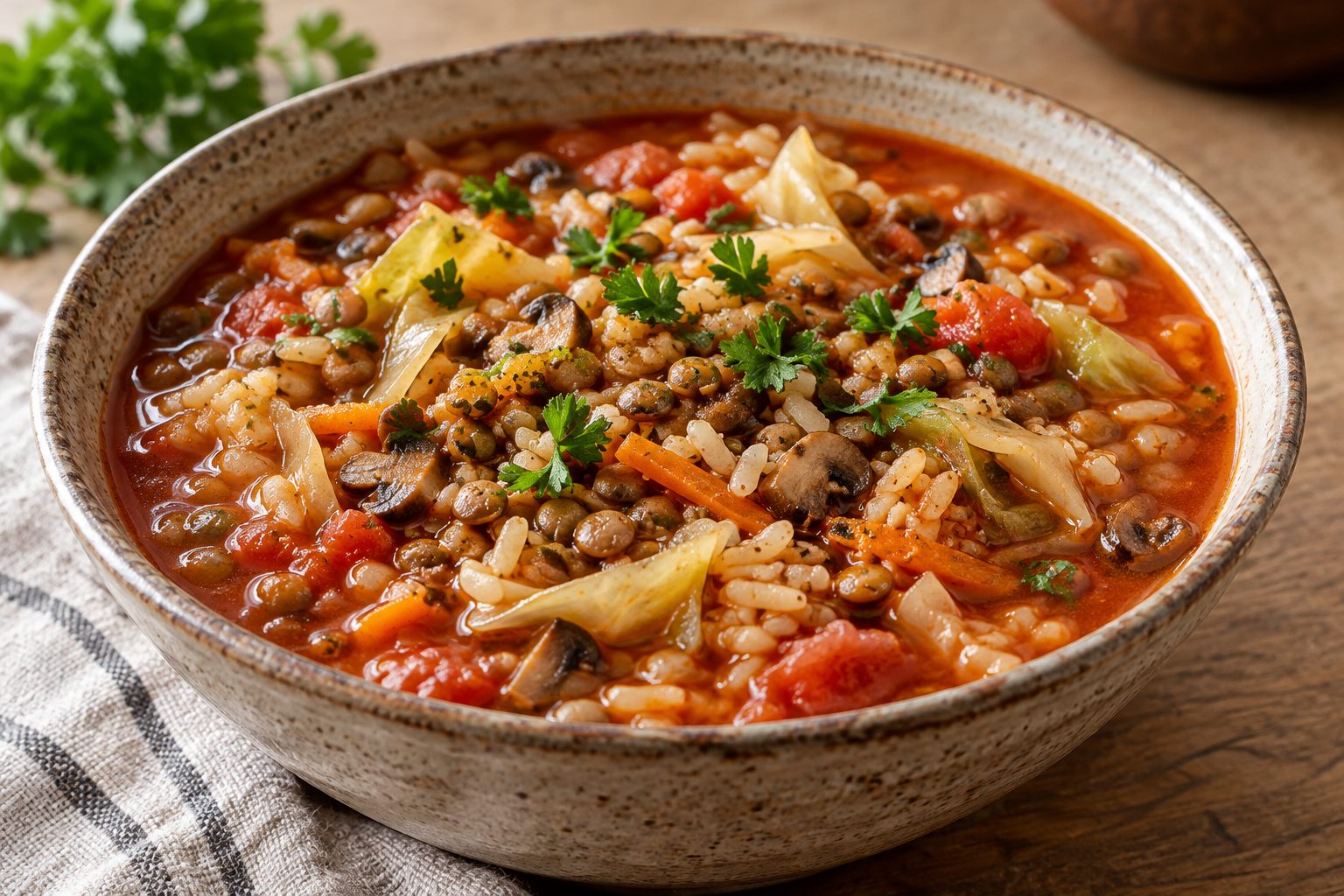 AI-generated serving illustration of lentil, mushroom and brown-rice cabbage roll soup