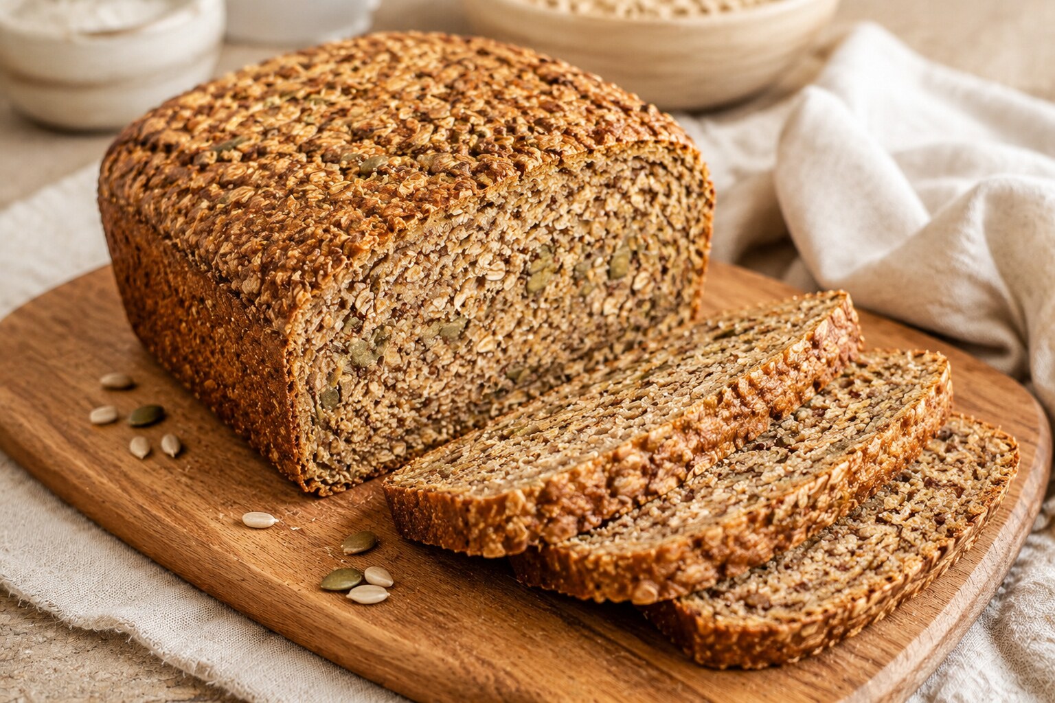 A crusty steel-cut oat and seed loaf with several cleanly cut slices
