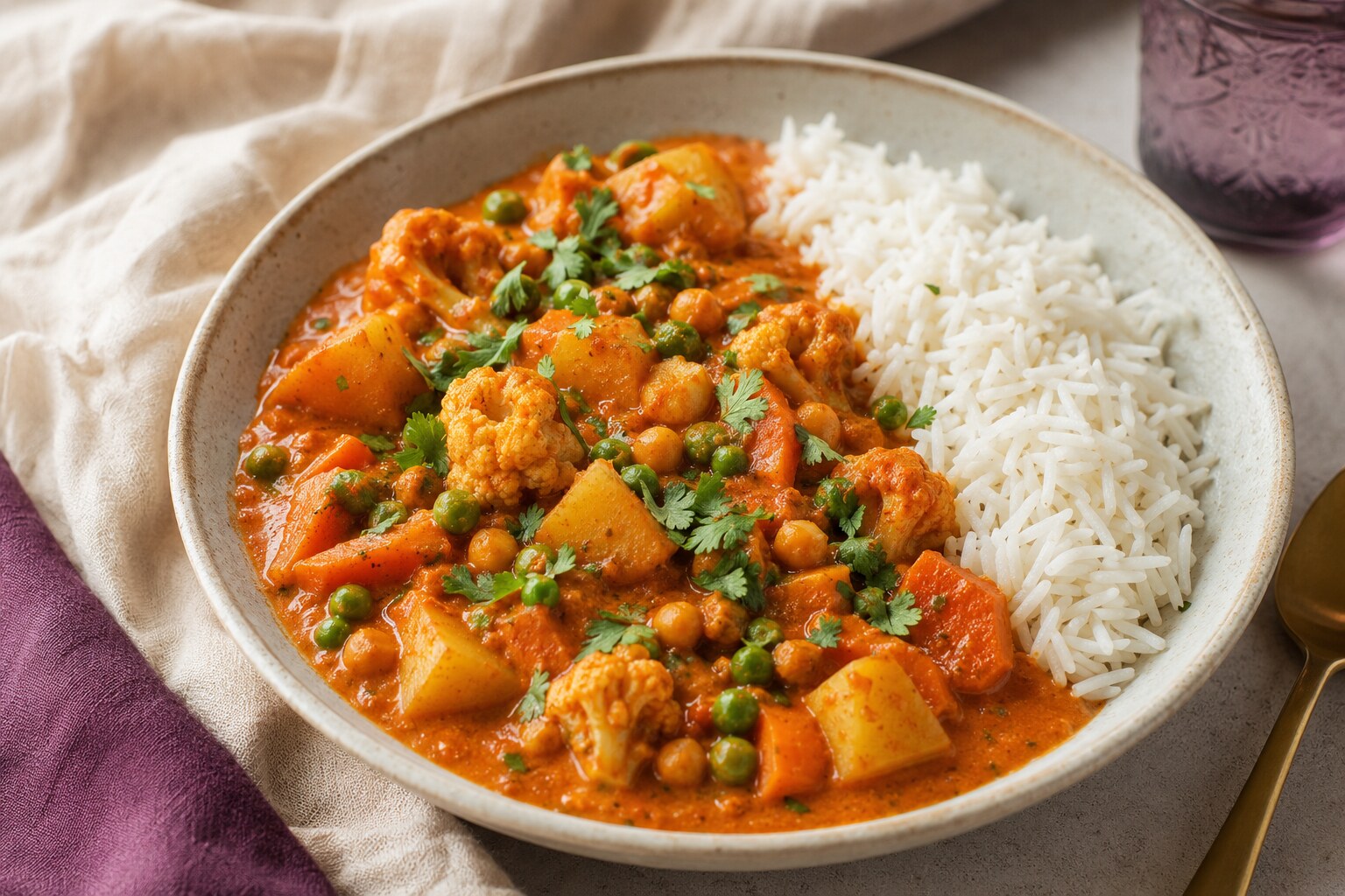 A plated serving of Vegetarian Tomato-Based Korma