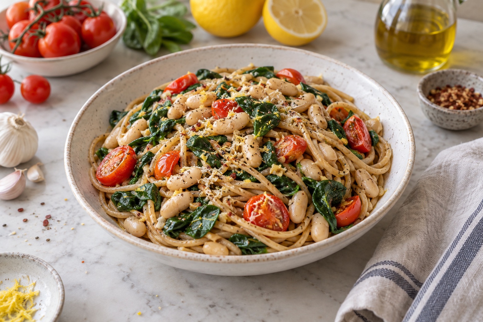 White Bean, Spinach & Tomato Pasta