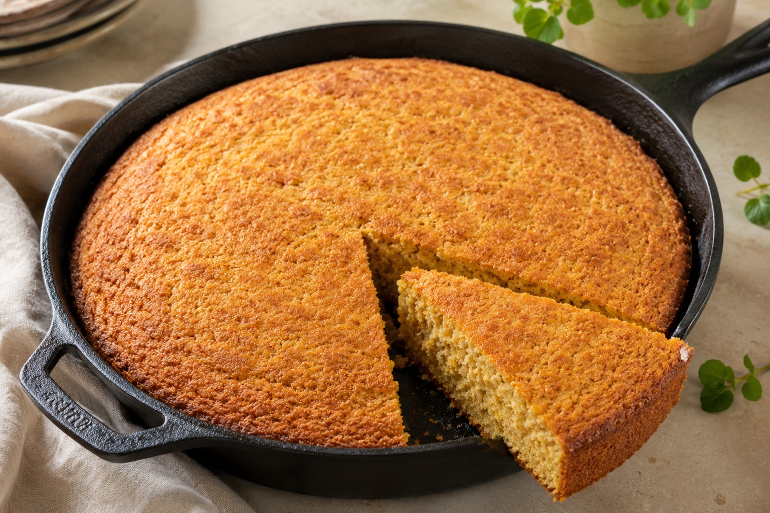 Golden whole-grain cornbread baked in a cast-iron skillet with a wedge cut to show the crumb