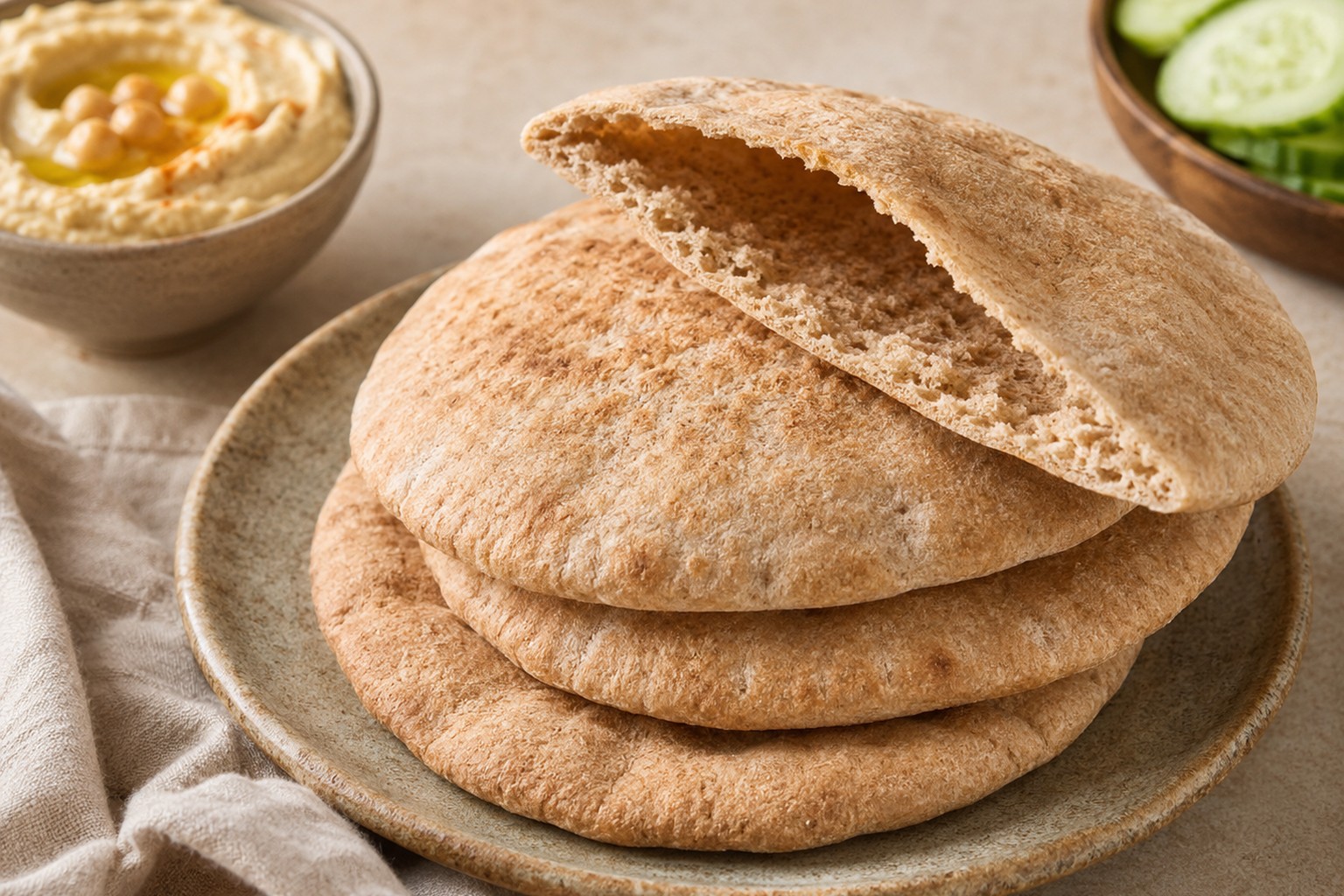 Stacked whole-wheat pita breads with one pita opened to show its pocket, served with hummus and cucumber